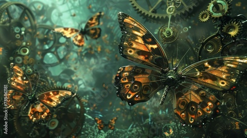 Clockwork butterflies fluttering in a garden of springs and cogs, mechanical metamorphosis