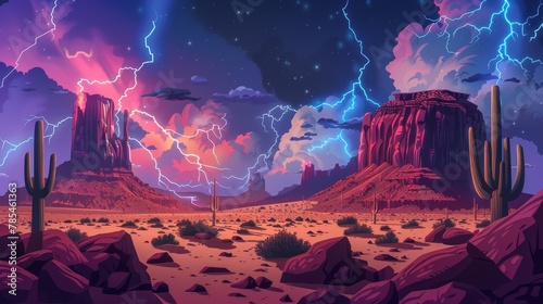 Electric desert with lightning cacti and thunder rocks, stormy sands