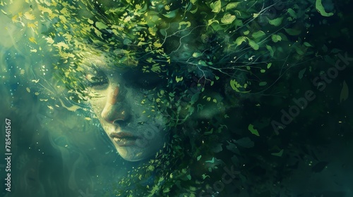 Forest spirit with foliage hair, whispering leaves, woodland soul
