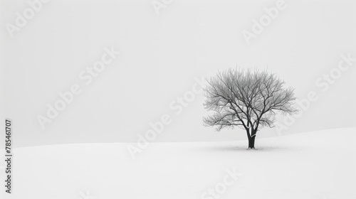 Minimalist Photography for Tranquil Backgrounds. A Lone Tree in a Blanket of Snow, Simplistic Elegance in Monochrome.
