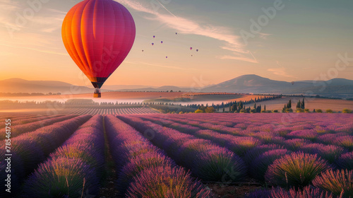 Hot air balloon soaring over lavender fields, early morning light, freedom and serenity