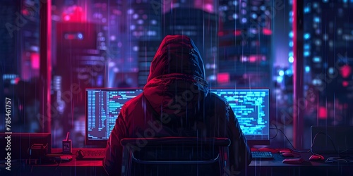 Hooded Figure Selling Secrets on the Dark Web Clandestine Cybercrime Trade Amid Neon Lit Futuristic City Backdrop photo