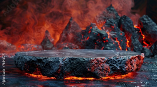 Lava rock podium with a background of erupting volcanoes, for powerful and dynamic merchandise