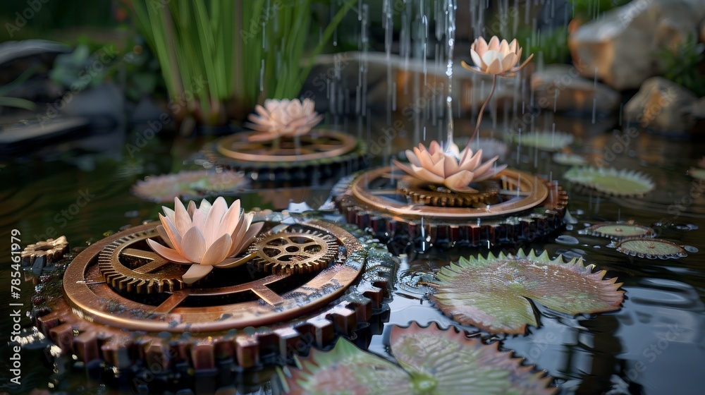 Mechanical lotus pond with gears for petals, serene automation