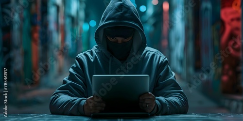 Hacker in Hooded Jacket Secretly Smuggling Information Across Borders in Shadowy Urban Alleyway at Night photo