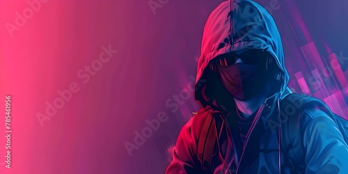 Hacker Character Masquerading as Trusted Official Online Shrouded in Mysterious Neon Glow of Cybercrime Deception photo