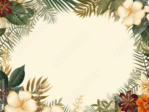 Tropical plants frame background with beige blank space for text on beige background, top view. Flat lay style. ,copy Space flat design vector illustration
