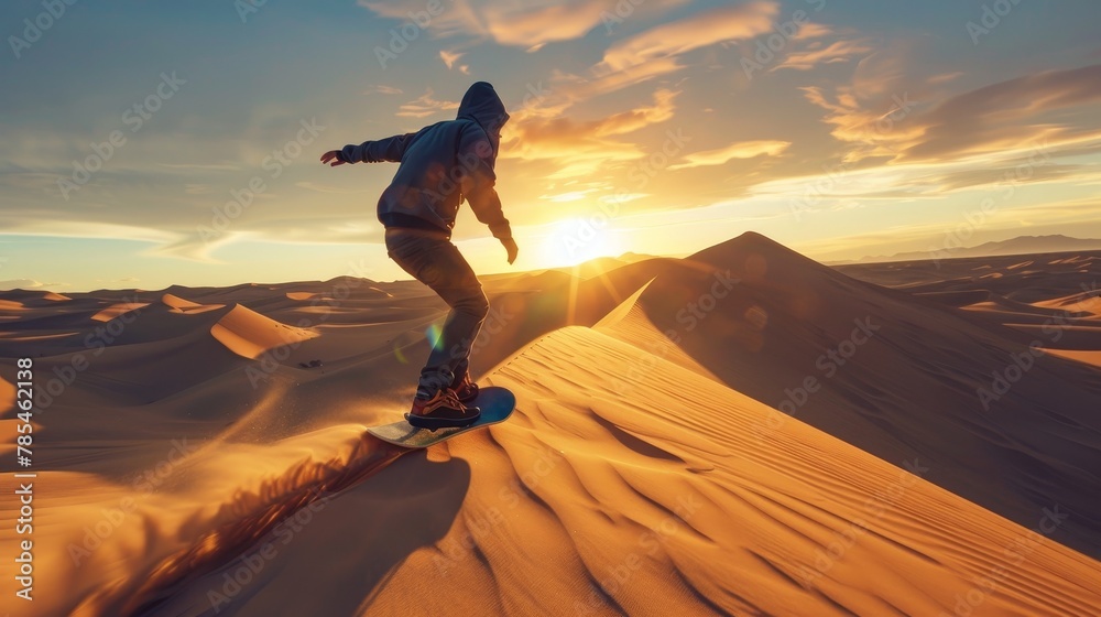 Sandboarder on dunes at sunset, speed and desert beauty, extreme sports