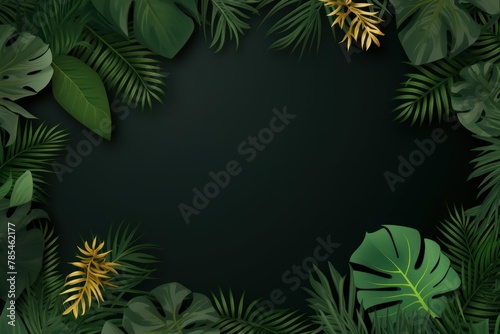 Tropical plants frame background with black blank space for text on black background  top view. Flat lay style.  copy Space flat design vector illustration