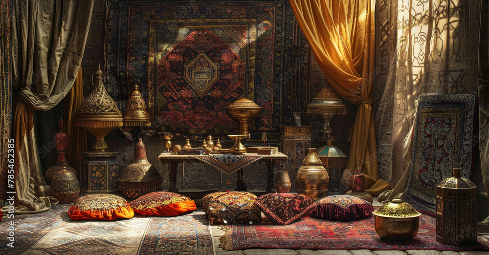 Silkdraped podium in a Moroccan bazaar setting, for exotic and luxurious merchandise