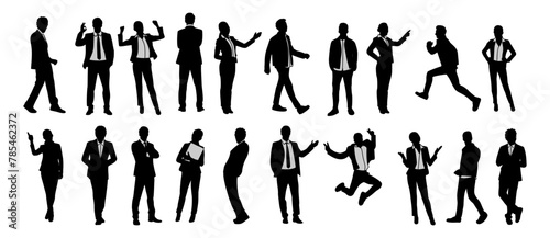 Silhouettes of diverse business people standing, walking, men, women full length, running, pointing. Business concept. Vector black monochrome illustrations on transparent background.