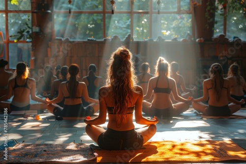 A group of young girls practicing yoga in the sunlight perform Padmasana exercises, lotus position