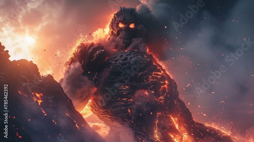 Volcanic deity rising from lava flows, primordial power, earths fury