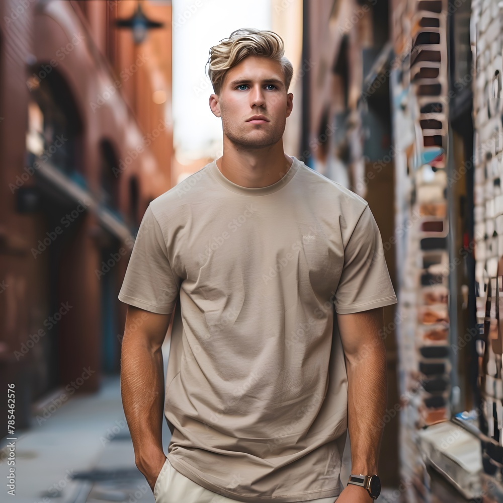 Male model with blonde hair wearing a pebble brown   t-shirt mockup 