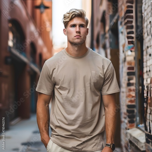 Male model with blonde hair wearing a pebble brown t-shirt mockup 