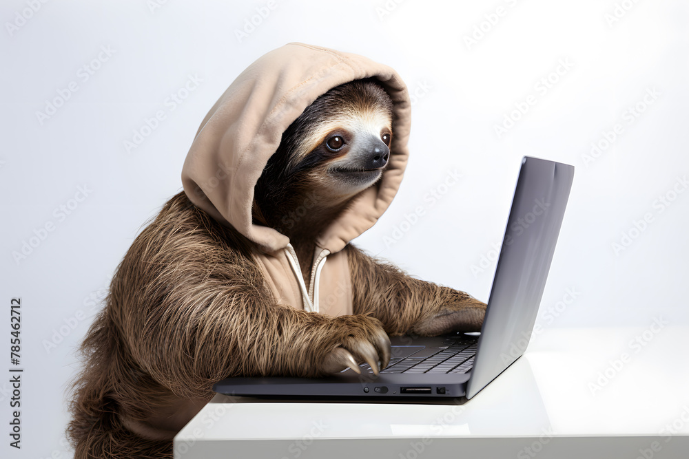 Fototapeta premium Relaxed Sloth Using Laptop isolated on white background
