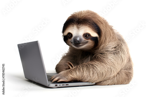 Relaxed Sloth Using Laptop isolated on white background