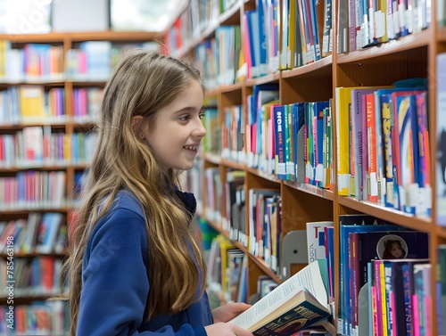 Schoolgirl choosing book in school library