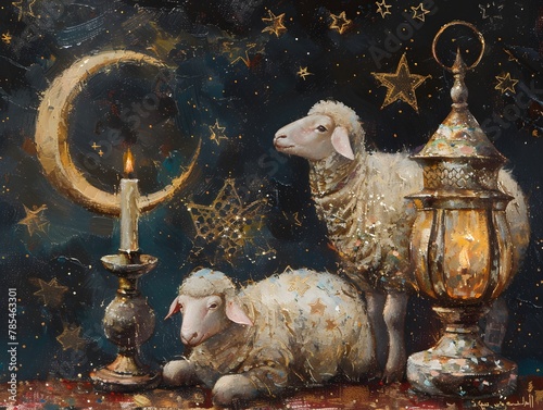 Illustration concept Star and crescent, lambs, Kaaba, and oil lamps