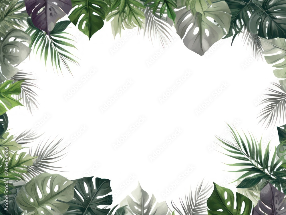 Tropical plants frame background with gray blank space for text on gray background, top view. Flat lay style. ,copy Space flat design vector illustration