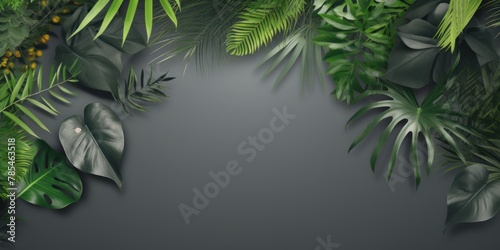 Tropical plants frame background with gray blank space for text on gray background, top view. Flat lay style. ,copy Space flat design vector illustration