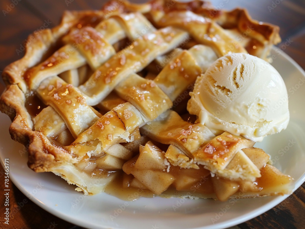 Classic apple pie with a flaky, buttery crust and a lattice top with a scoop of vanilla ice cream. Classic apple pie with a flaky, buttery crust and a lattice top with a scoop of vanilla ice cream.