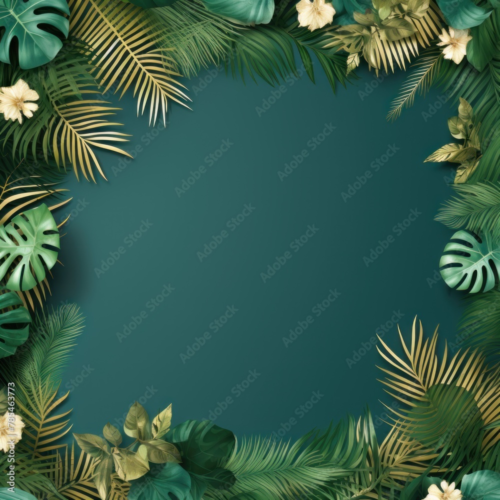 Tropical plants frame background with green blank space for text on green background, top view. Flat lay style. ,copy Space flat design vector illustration