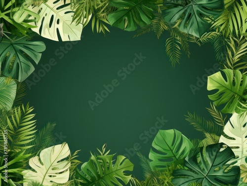Tropical plants frame background with green blank space for text on green background  top view. Flat lay style.  copy Space flat design vector illustration