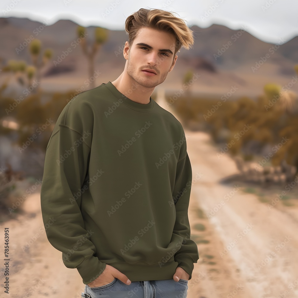 Unisex sweatshirt product mockup, in the color military green on a handsome male model 