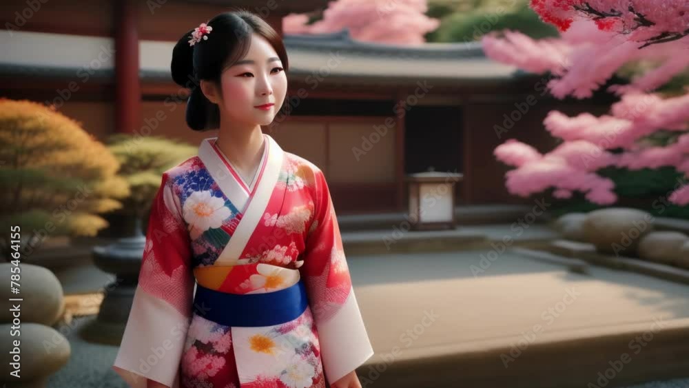 An Asian woman of noble origin in a festive kimono walks slowly through a blooming Japanese garden An Asian woman of noble origin in a festive kimono walks slowly through a blooming Japanese garden
