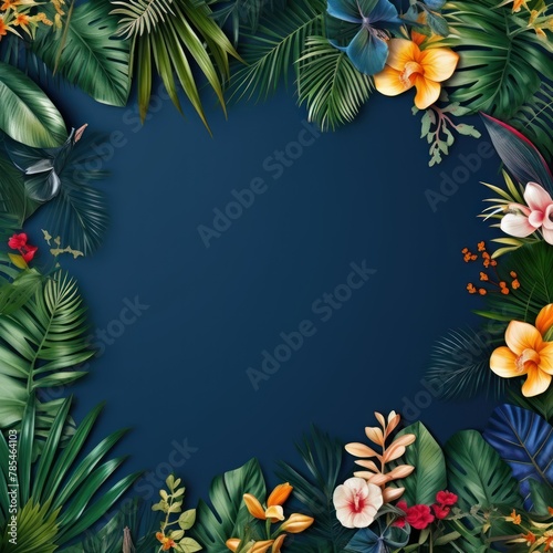 Tropical plants frame background with indigo blank space for text on indigo background  top view. Flat lay style.  copy Space flat design vector 