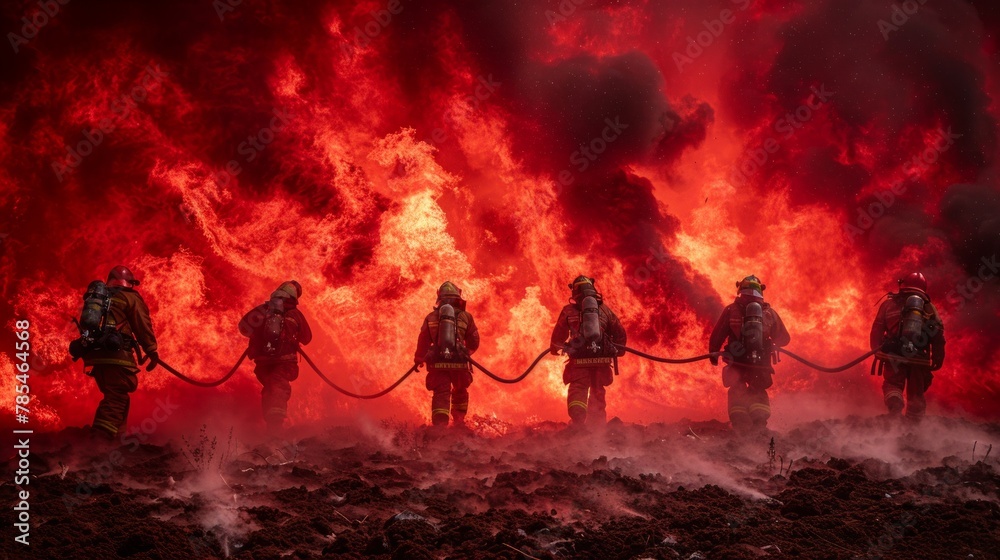 Fototapeta premium Rear view of firefighters with hose battle immense blaze against red smoky backdrop.