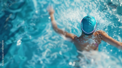 Young man swim in pool on swimming competition sport activity wearing head covered and goggles