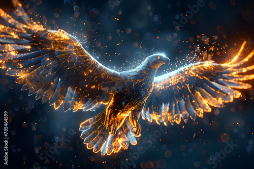 Fantasy Flying Eagle with particle effect Indigo and gold color tone. Glowing flame flying Eagle in galaxy nebula theme. Eagle, bird, Avian, Wing, span.