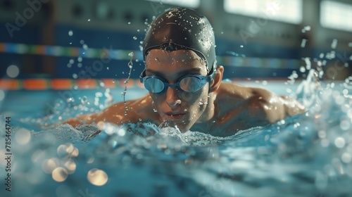 Young man swim in pool on swimming competition sport activity wearing  head covered and goggles