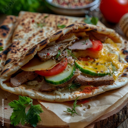 Pita with Duck Fillet and Vegetables on Craft Paper Closeup, Round Flatbread with Sliced Fillet