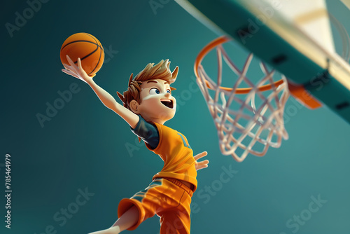 Animated child playing basketball aiming for the hoop.