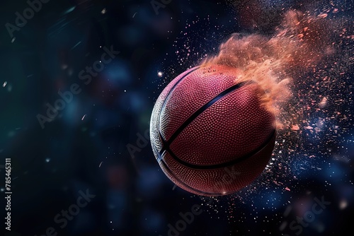 A basketball exploding with dynamic energy against a dark, abstract background. © Larisa