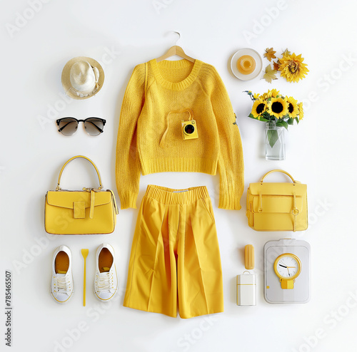 Yellow womens clothing and accessories flat lay with skirt and pullover, shoes and jewelry, sun hat, bags and sunflowers at white background. Top view, Fashion outfit