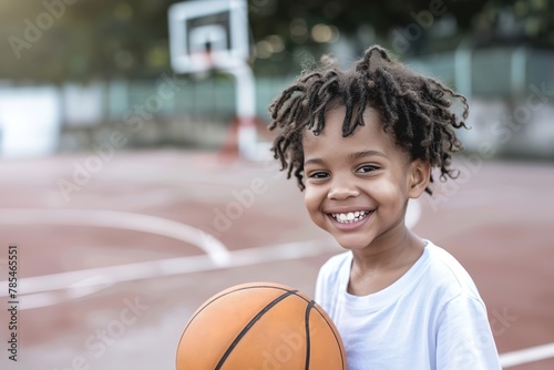 Happy child holding a basketball on a court with a hoop in the background.