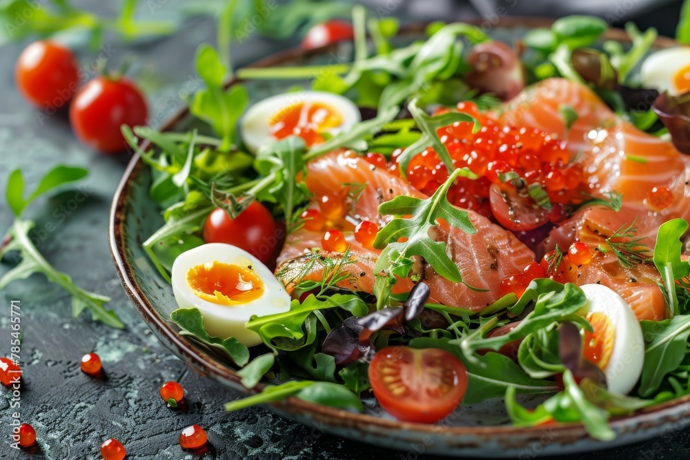 Smoked Salmon Salad, Seafood Dish Salat, Red Caviar, Dried Cherry Tomatoes, Quail Eggs