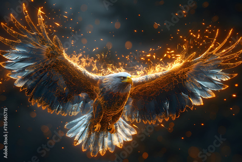 Fantasy Flying Eagle with particle effect Indigo and gold color tone. Glowing flame flying Eagle in galaxy nebula theme. Eagle, bird, Avian, Wing, span. © Pattawit