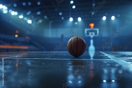 A basketball on a glossy court with lights reflecting, hinting at an upcoming game.