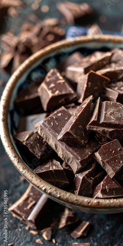 Decadent Dark Chocolate Chunks in a Bowl - Perfect for Baking and Cooking - Closeup Vertical Image