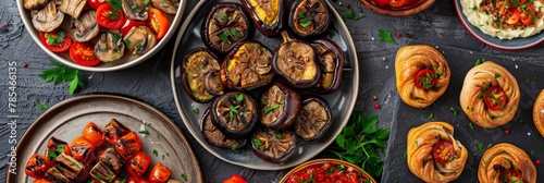 Appetizers Set with Baked Eggplants, Champignon Caps, Aubergine Rolls and Traditional Georgian Pkhali