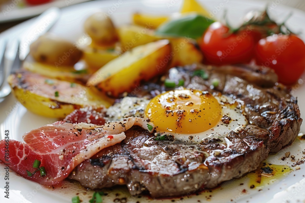 Delicious Steak and Eggs Meal on a Plate with Potato and Vegetable Sides - Perfect Dinner Dish Delicious Steak and Eggs Meal on a Plate with Potato and Vegetable Sides - Perfect Dinner Dish