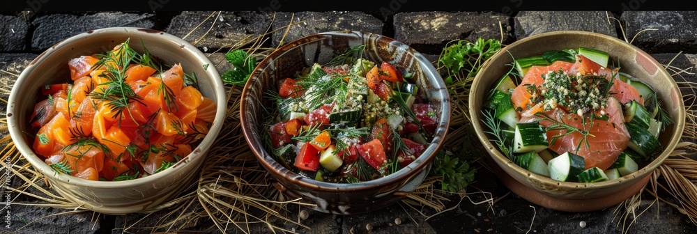 Raw Fish Salad Set, Herb Cheese Vegetable Salad, Baked Pumpkin Salat, Raw Smoked Salmon