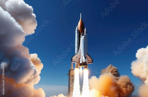 A spaceship soars into the starry sky. Rocket launches into space, smoke vapors from the rocket, blue sky