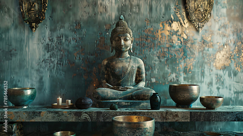 Singing bowls Buddha and focused meditation.  photo