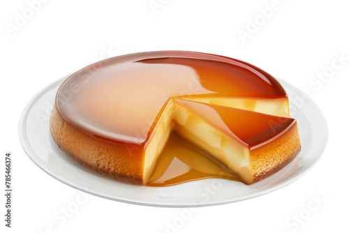 Spanish flan dessert, presented on a white plate, with a slice cut out to showcase its creamy custard and caramel topping.